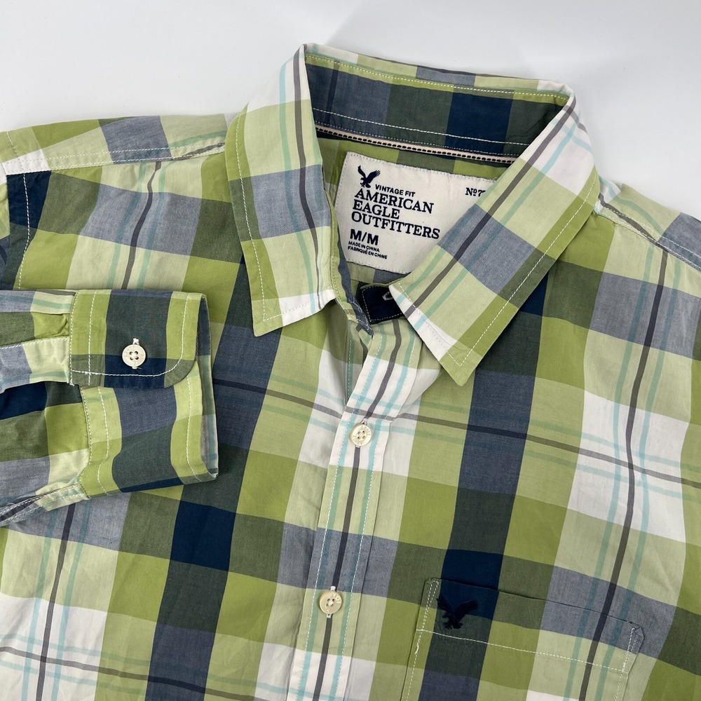American Eagle Men M Vintage Fit Plaid Long Sleeve Button Down Shirt Blue Green
